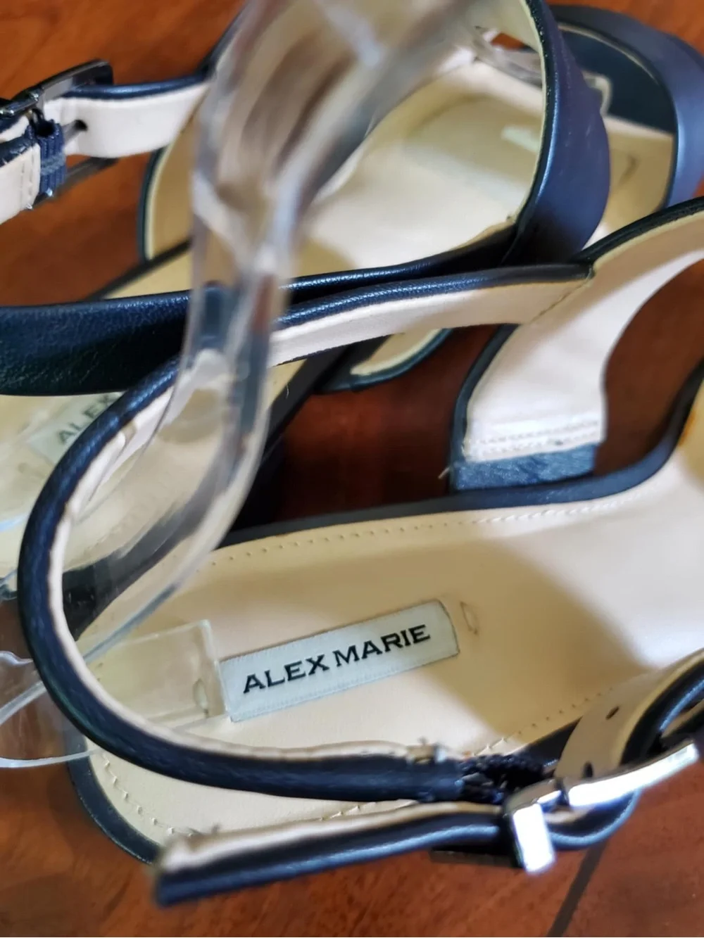 Alex Marie Calina Leather Navy Block Heel Sling Back Open Toe Sandals - Picture 5 of 10